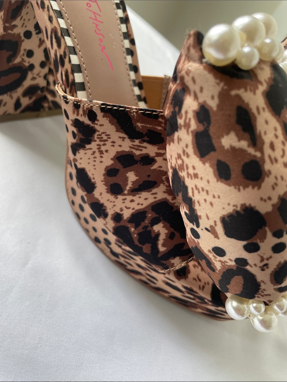 Betsey Johnson Leopard Print Pearl-Trim Mules in Brown and Black - Picture 4 of 10